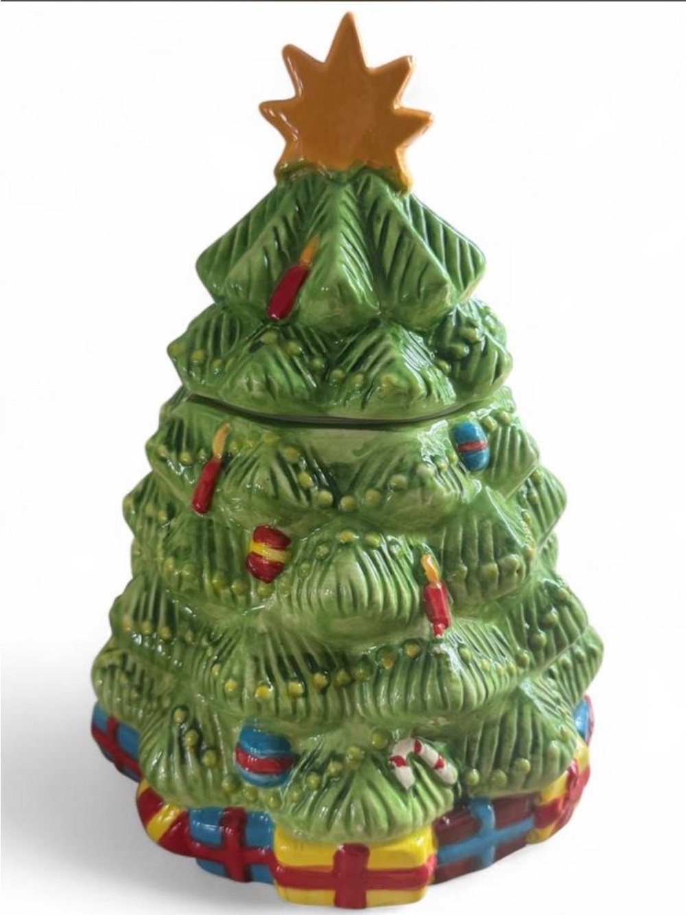 Festive Green Ceramic Christmas Tree Cookie Jar with Gold Star